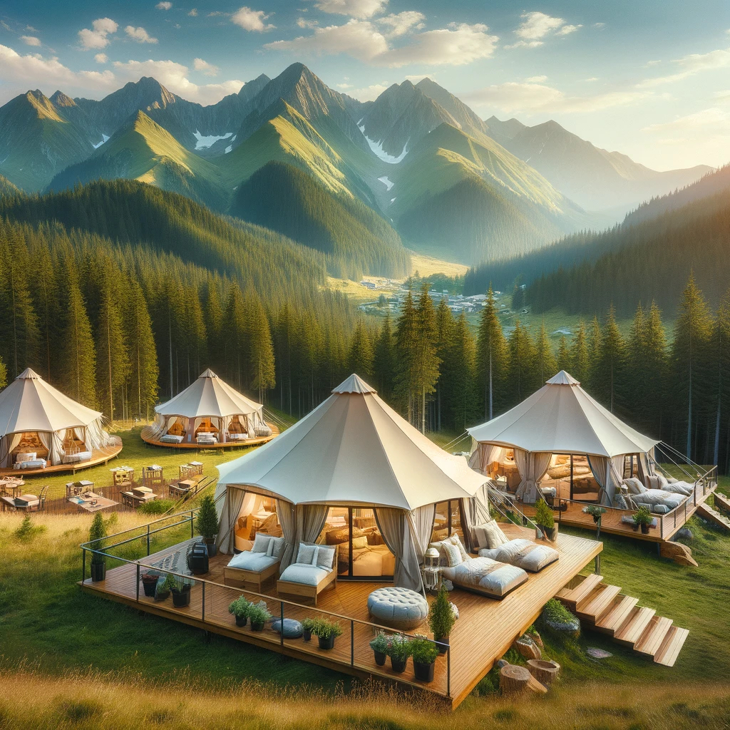 Here is an image of a glamping site in the Carpathian Mountains, showcasing luxurious tents set up in a picturesque mountain meadow.