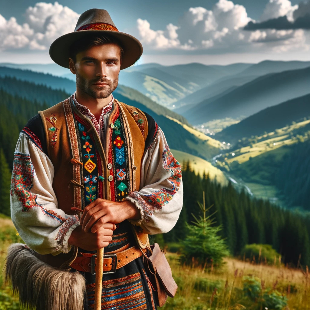 Here is an image of a Hutsul man in traditional attire standing in the Carpathian Mountains